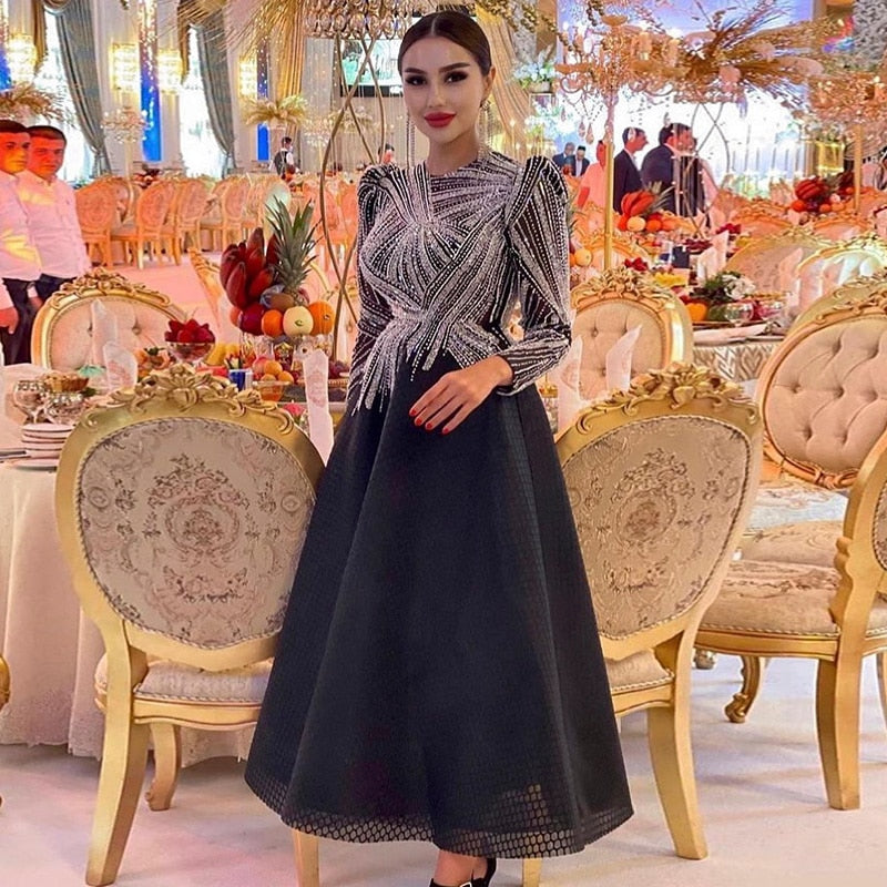 Luxury Black Short Muslim Evening Dress Long Sleeve 2023 Elegant A-Line Arabic Women Party Prom Formal Dresses SS212