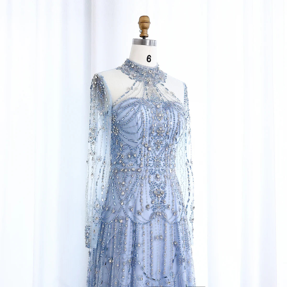 Luxury Blue Long Sleeves High Neck Evening Dress SS587