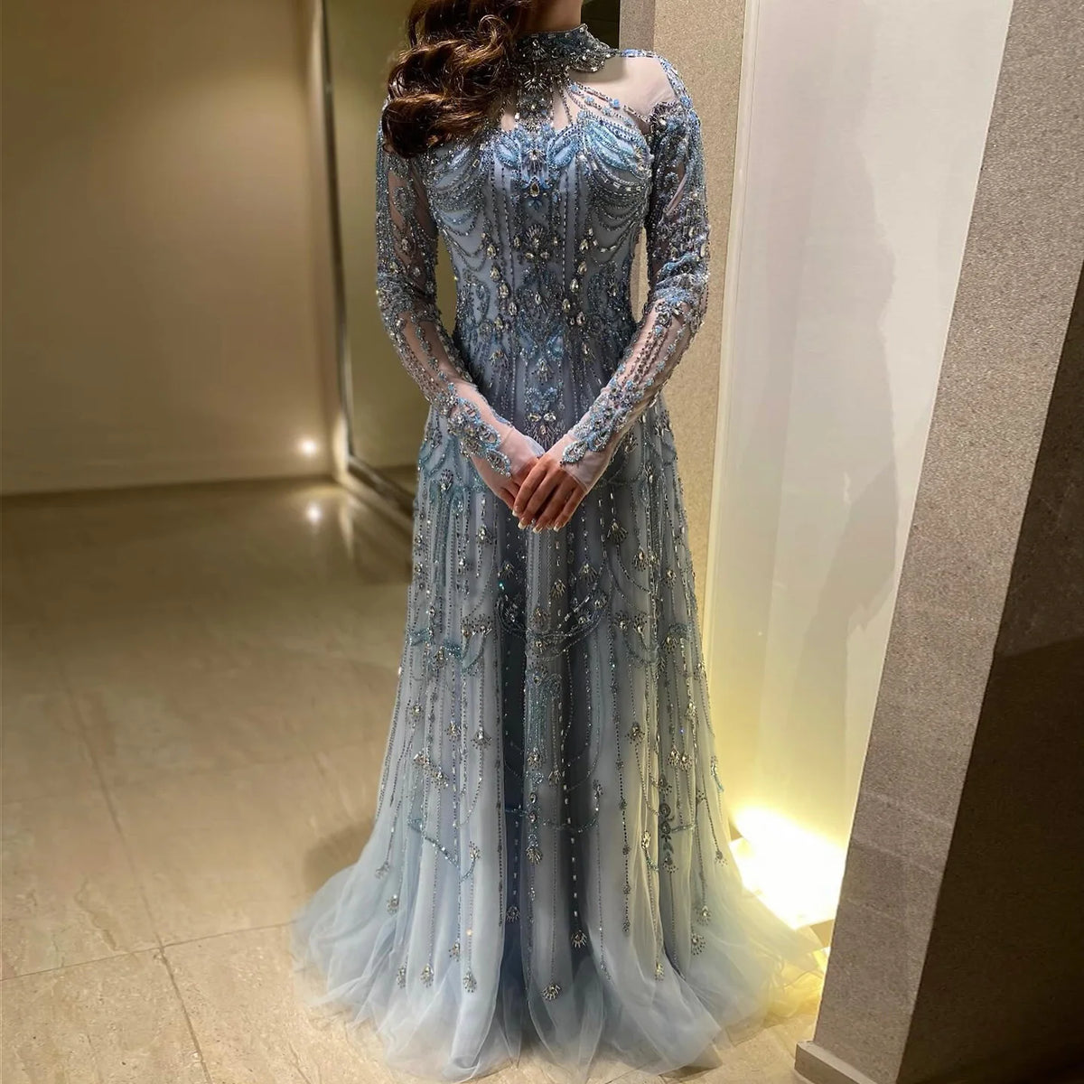 Luxury Blue Long Sleeves High Neck Evening Dress SS587
