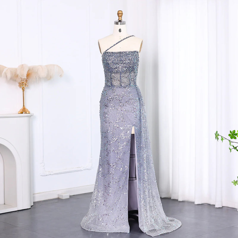 Luxury Blue One Shoulder Evening Dress with Overskirt SS140