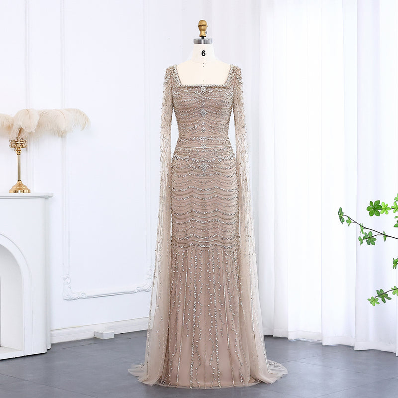 Luxury Caramel Square Neck Evening Dress with Cape Sleeves SS330