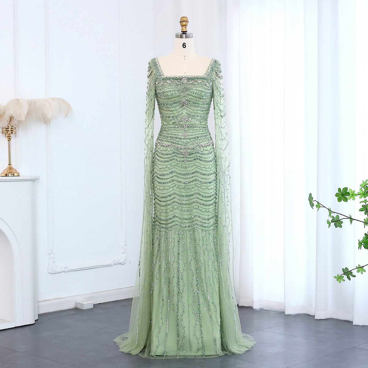 Luxury Caramel Square Neck Evening Dress with Cape Sleeves SS330