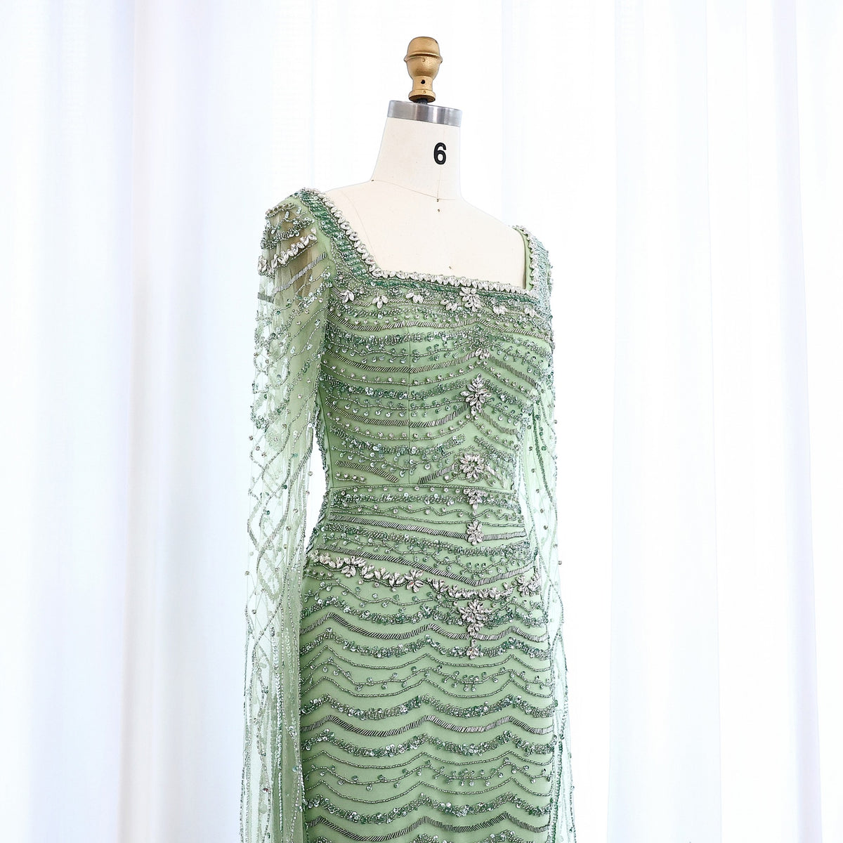 Luxury Caramel Square Neck Evening Dress with Cape Sleeves SS330
