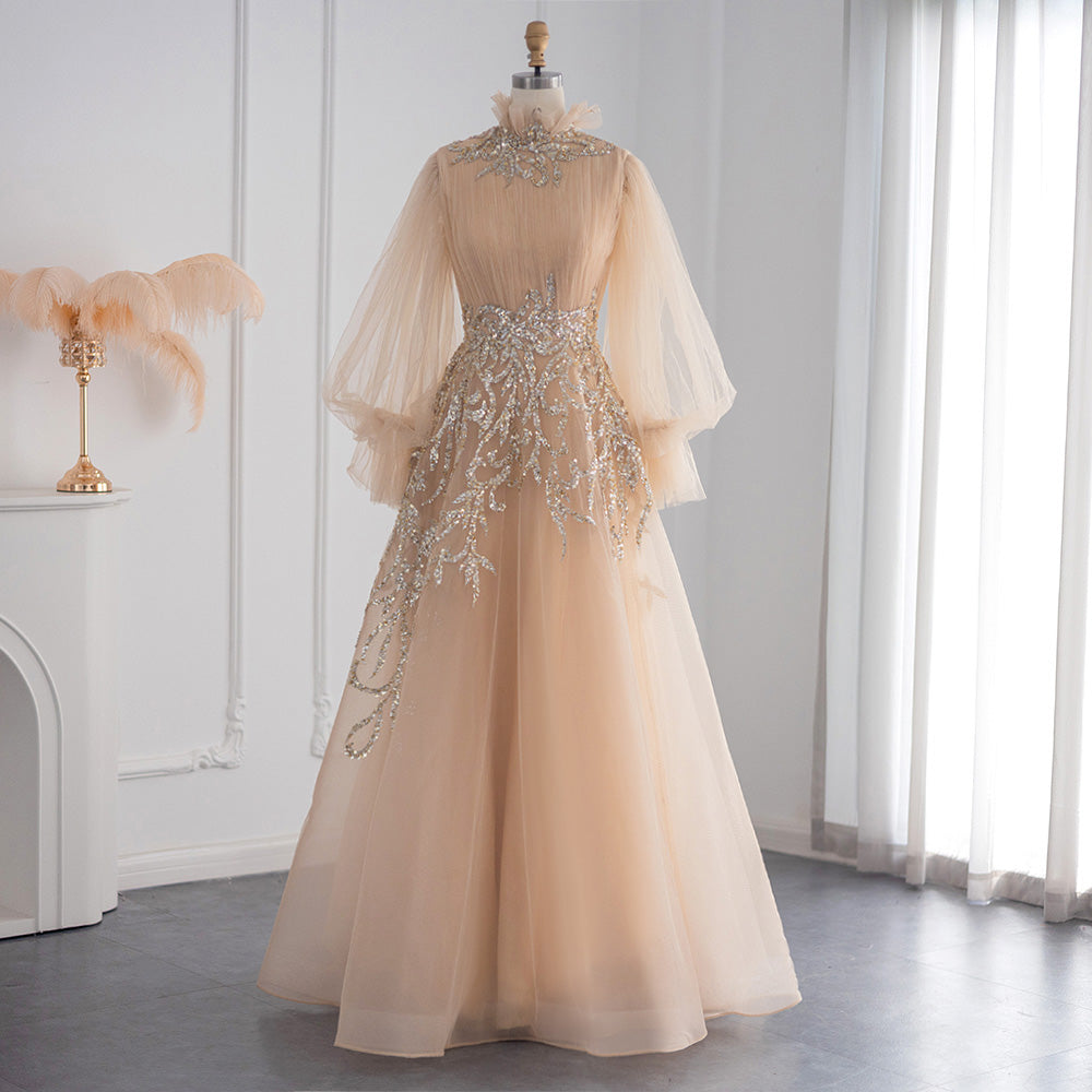 Luxury Champagne Long Sleeve Muslim Evening Dress SS496