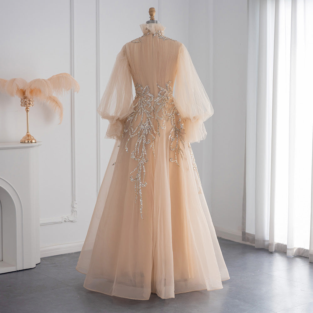 Luxury Champagne Long Sleeve Muslim Evening Dress SS496