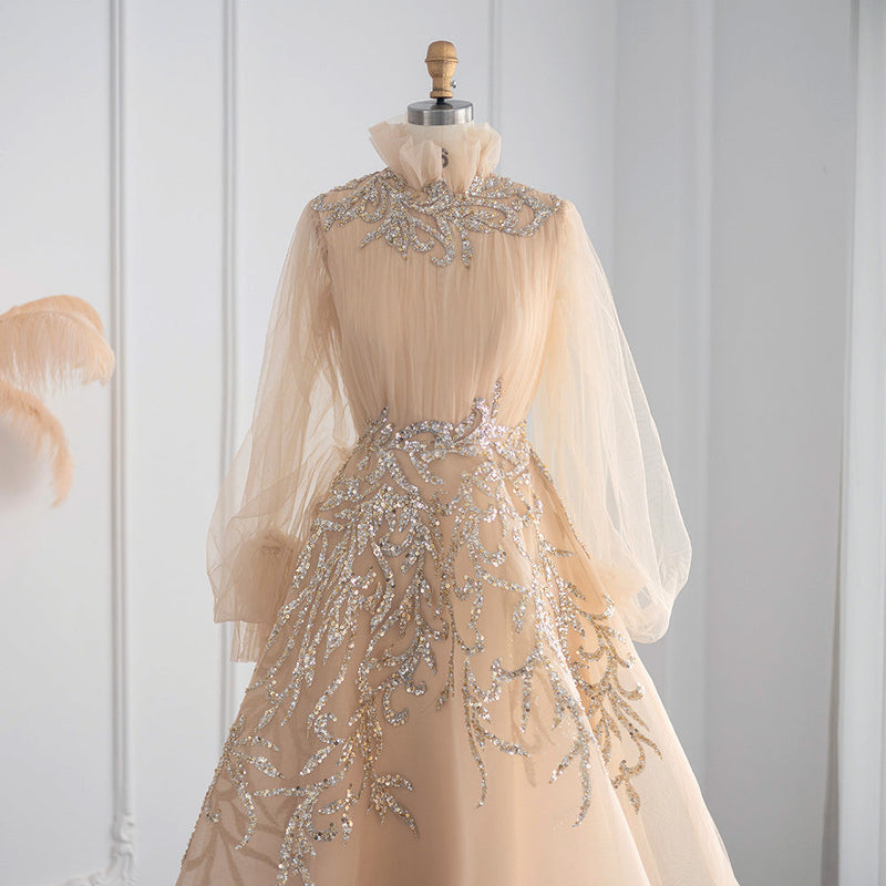 Luxury Champagne Long Sleeve Muslim Evening Dress SS496