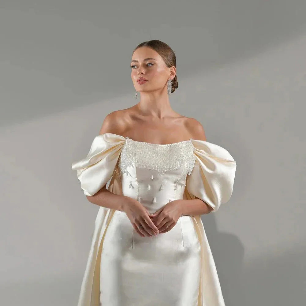 Luxury Crystal Beige Dubai Evening Dresses with Cape Sleeves Overskirt Arabic Women Wedding Formal Party Gowns SS426
