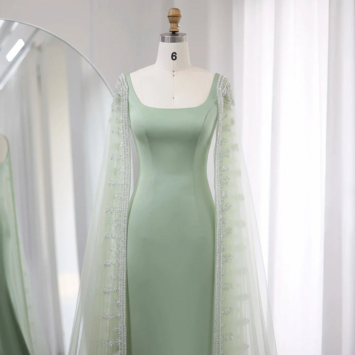 Luxury Crystal Blue Mermaid Dubai Evening Dresses with Cape Sleeves Elegant Arabic Women Wedding Party Gowns SS445