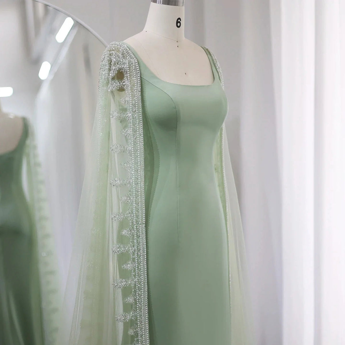 Luxury Crystal Blue Mermaid Dubai Evening Dresses with Cape Sleeves Elegant Arabic Women Wedding Party Gowns SS445