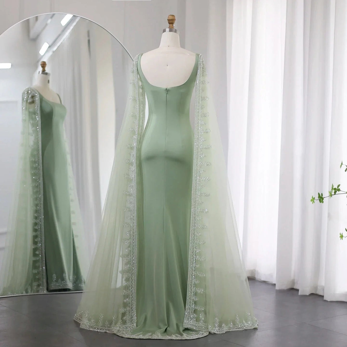 Luxury Crystal Blue Mermaid Dubai Evening Dresses with Cape Sleeves Elegant Arabic Women Wedding Party Gowns SS445