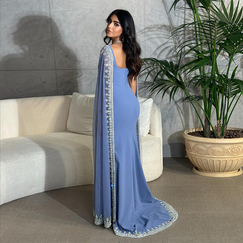 Luxury Crystal Blue Mermaid Dubai Evening Dresses with Cape Sleeves Elegant Arabic Women Wedding Party Gowns SS445