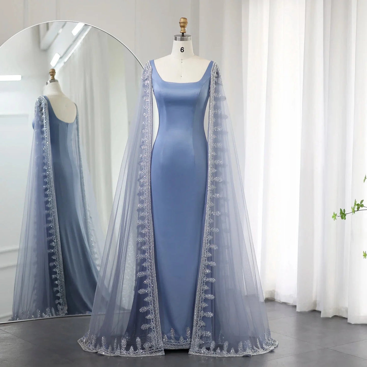 Luxury Crystal Blue Mermaid Dubai Evening Dresses with Cape Sleeves Elegant Arabic Women Wedding Party Gowns SS445