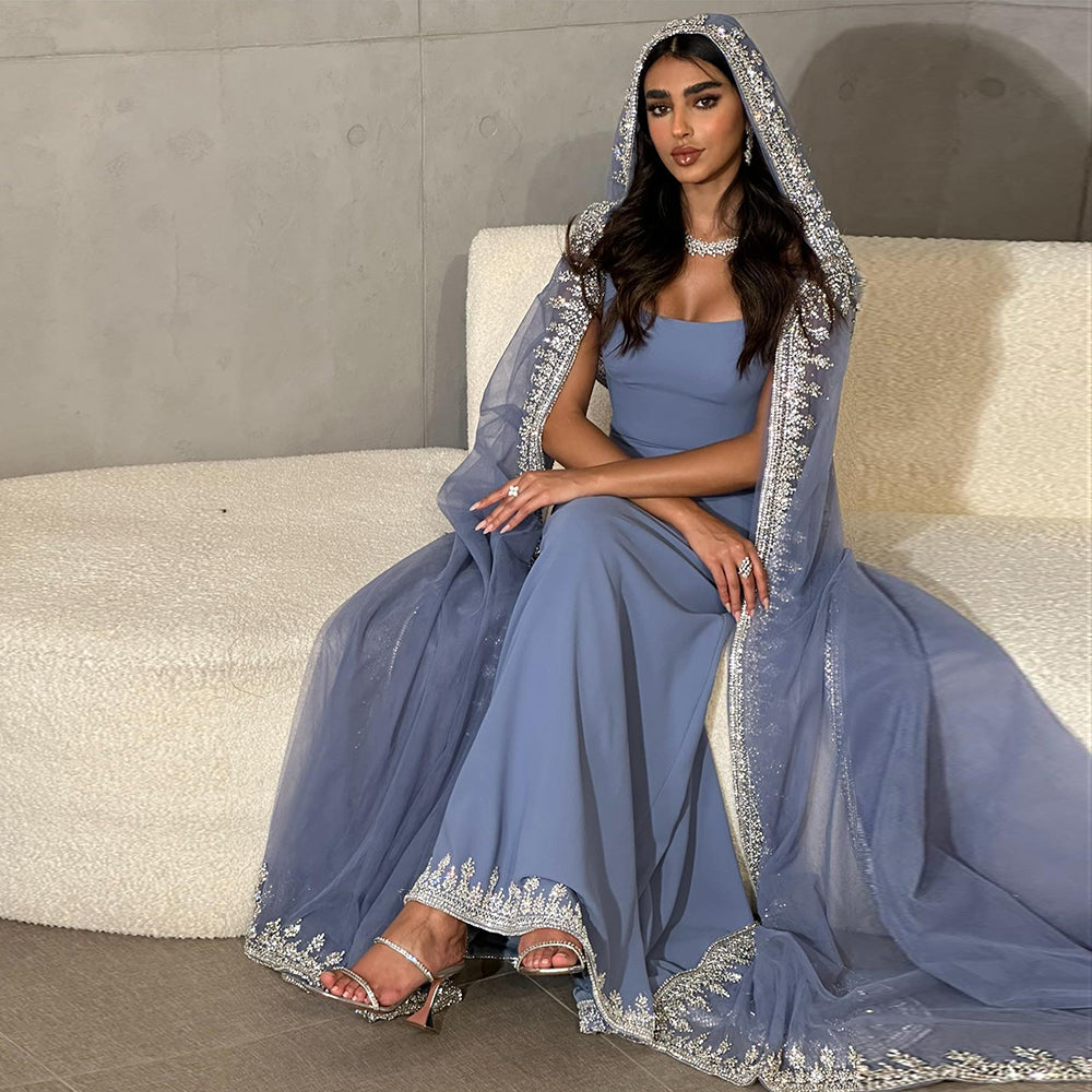 Luxury Crystal Blue Mermaid Dubai Evening Dresses with Cape Sleeves Elegant Arabic Women Wedding Party Gowns SS445