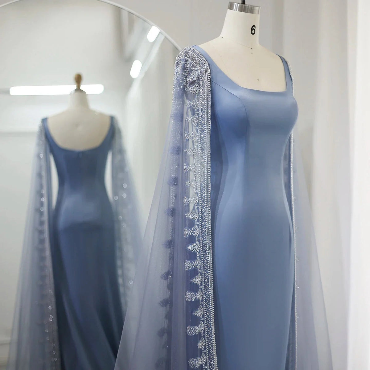 Luxury Crystal Blue Mermaid Dubai Evening Dresses with Cape Sleeves Elegant Arabic Women Wedding Party Gowns SS445