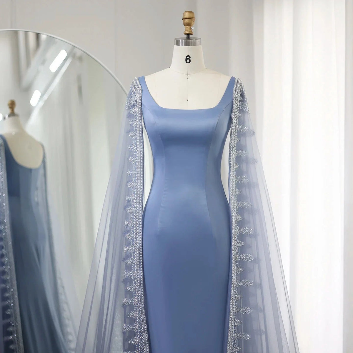 Luxury Crystal Blue Mermaid Dubai Evening Dresses with Cape Sleeves Elegant Arabic Women Wedding Party Gowns SS445