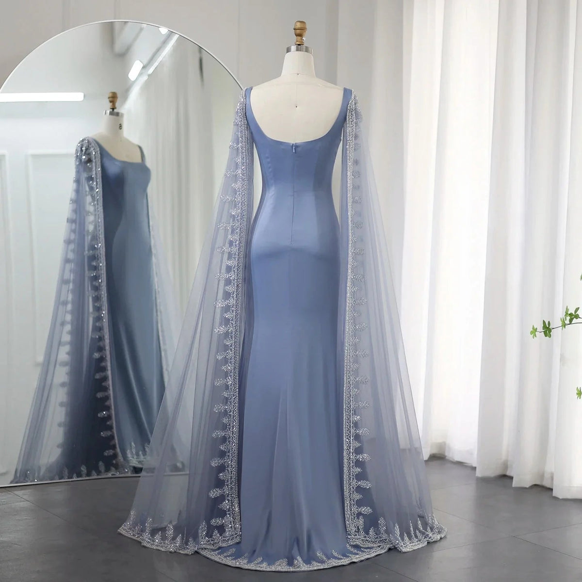Luxury Crystal Blue Mermaid Dubai Evening Dresses with Cape Sleeves Elegant Arabic Women Wedding Party Gowns SS445