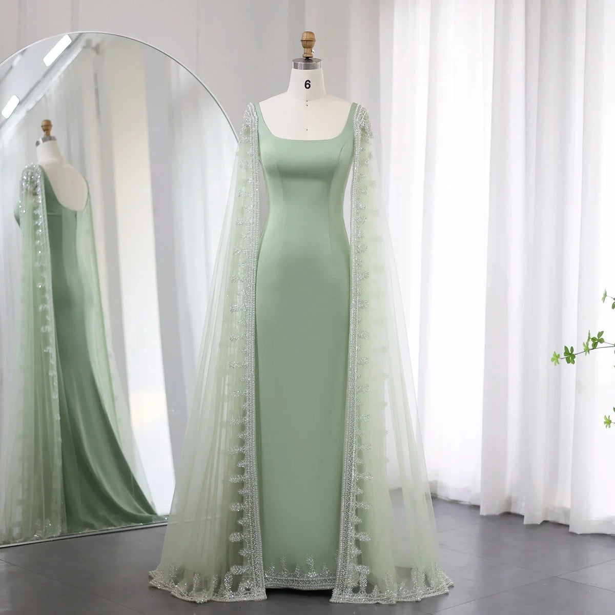 Luxury Crystal Blue Mermaid Dubai Evening Dresses with Cape Sleeves Elegant Arabic Women Wedding Party Gowns SS445