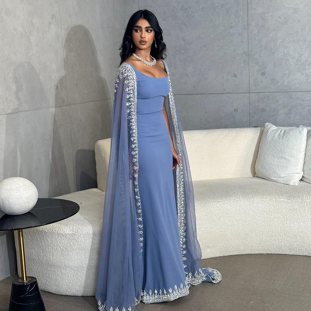 Luxury Crystal Blue Mermaid Dubai Evening Dresses with Cape Sleeves Elegant Arabic Women Wedding Party Gowns SS445