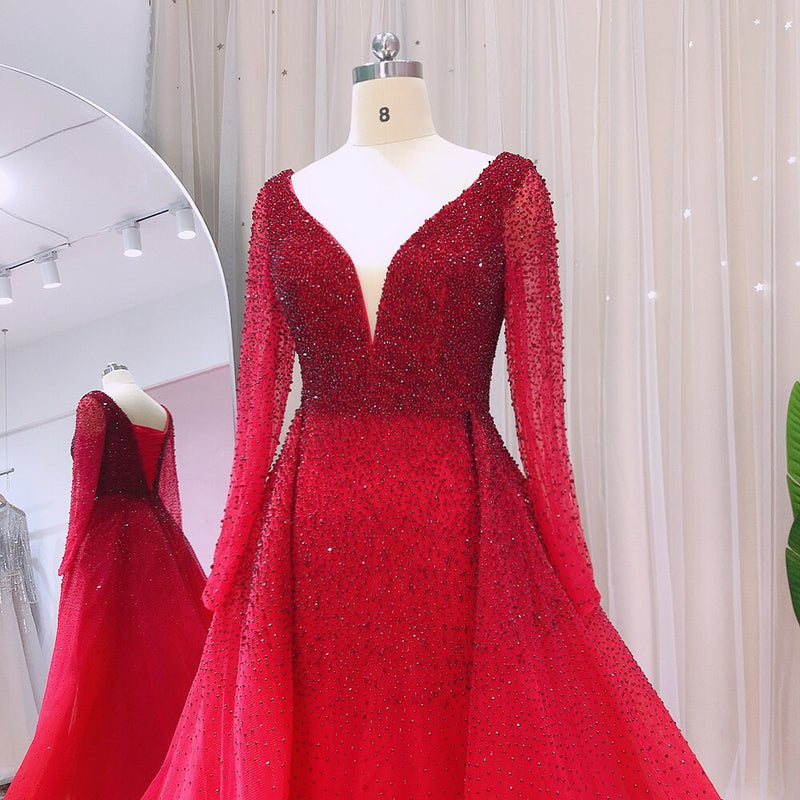 Luxury Crystal Burgundy Evening Dresses with Overskirt Long Sleeves Elegant Arabic Women Wedding Party Gowns SS293