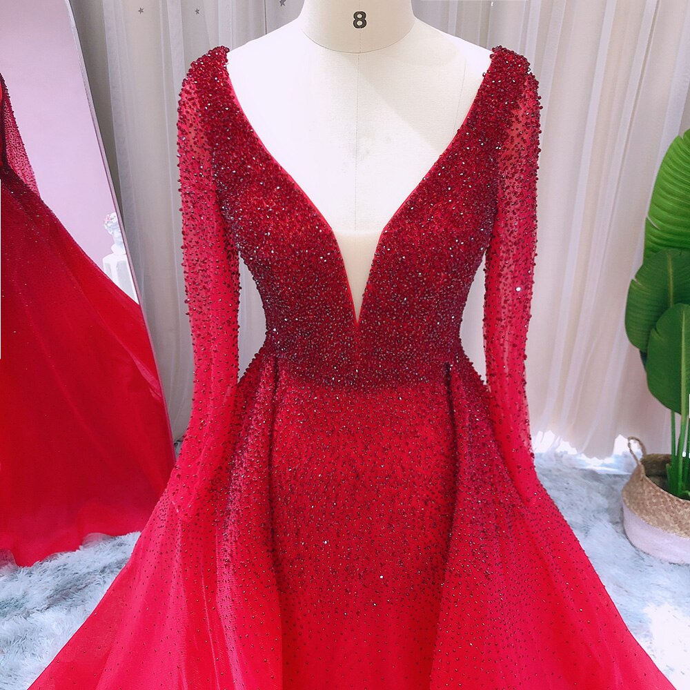 Luxury Crystal Burgundy Evening Dresses with Overskirt Long Sleeves Elegant Arabic Women Wedding Party Gowns SS293