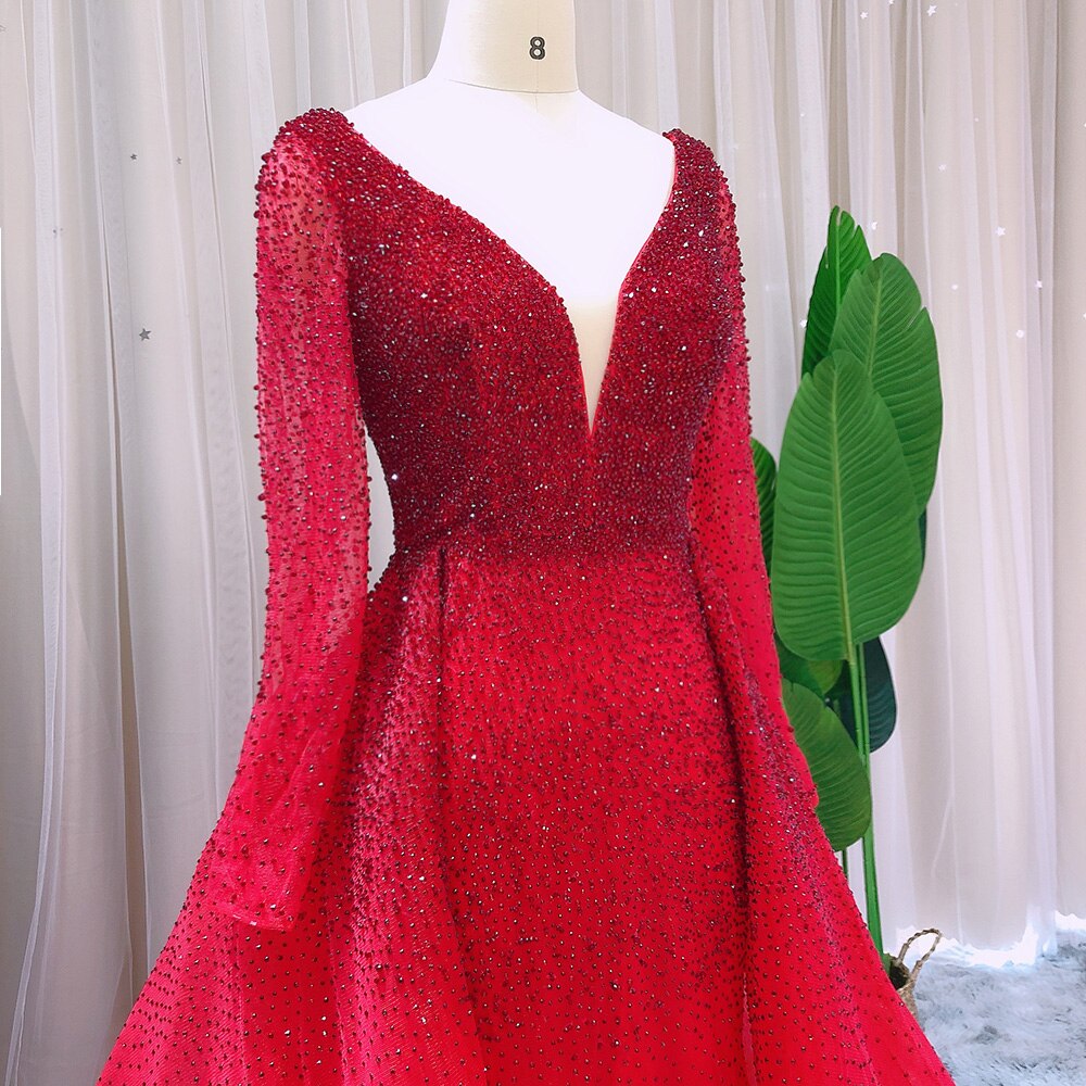 Luxury Crystal Burgundy Evening Dresses with Overskirt Long Sleeves Elegant Arabic Women Wedding Party Gowns SS293