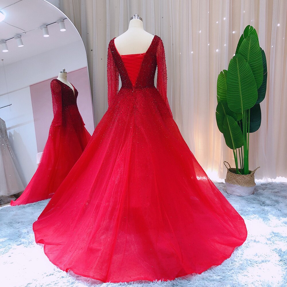 Luxury Crystal Burgundy Evening Dresses with Overskirt Long Sleeves Elegant Arabic Women Wedding Party Gowns SS293