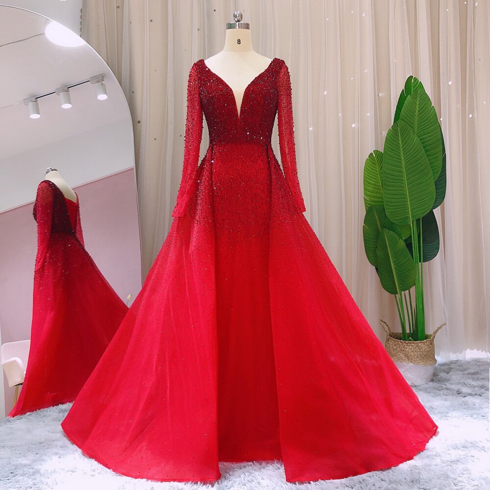 Luxury Crystal Burgundy Evening Dresses with Overskirt Long Sleeves Elegant Arabic Women Wedding Party Gowns SS293