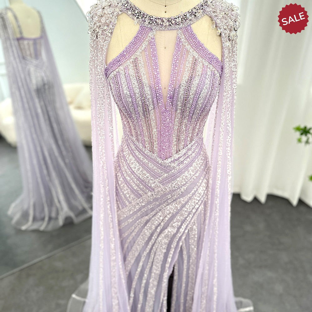 Luxury Crystal Dubai Yellow Evening Dress with Cape Sleeves 2023 Lilac Arabic Mermaid Women Wedding Party Gown SS203