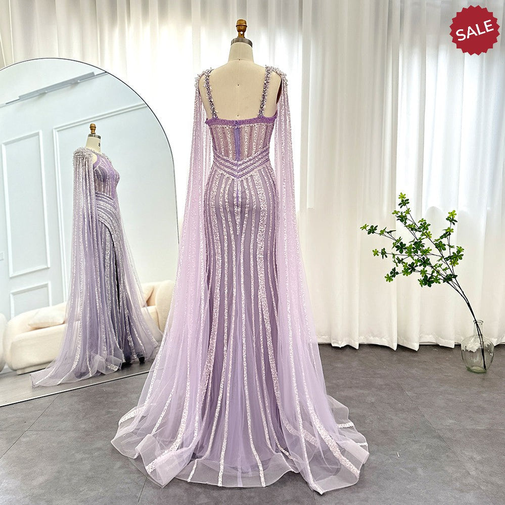 Luxury Crystal Dubai Yellow Evening Dress with Cape Sleeves 2023 Lilac Arabic Mermaid Women Wedding Party Gown SS203