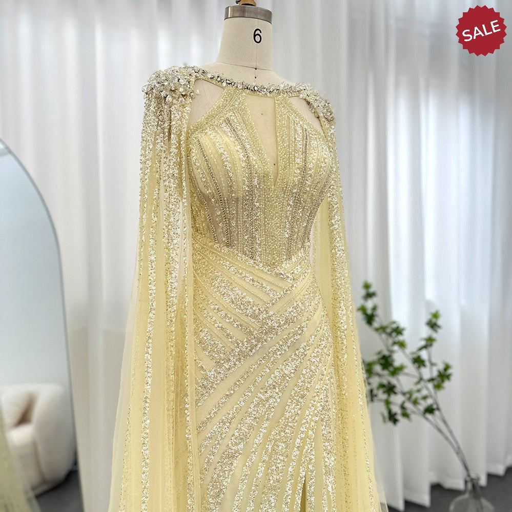 Luxury Crystal Dubai Yellow Evening Dress with Cape Sleeves 2023 Lilac Arabic Mermaid Women Wedding Party Gown SS203