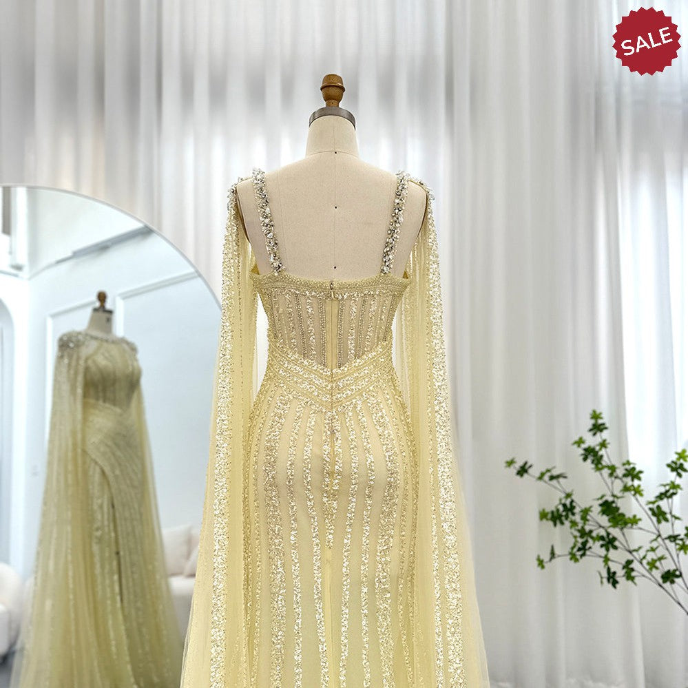 Luxury Crystal Dubai Yellow Evening Dress with Cape Sleeves 2023 Lilac Arabic Mermaid Women Wedding Party Gown SS203