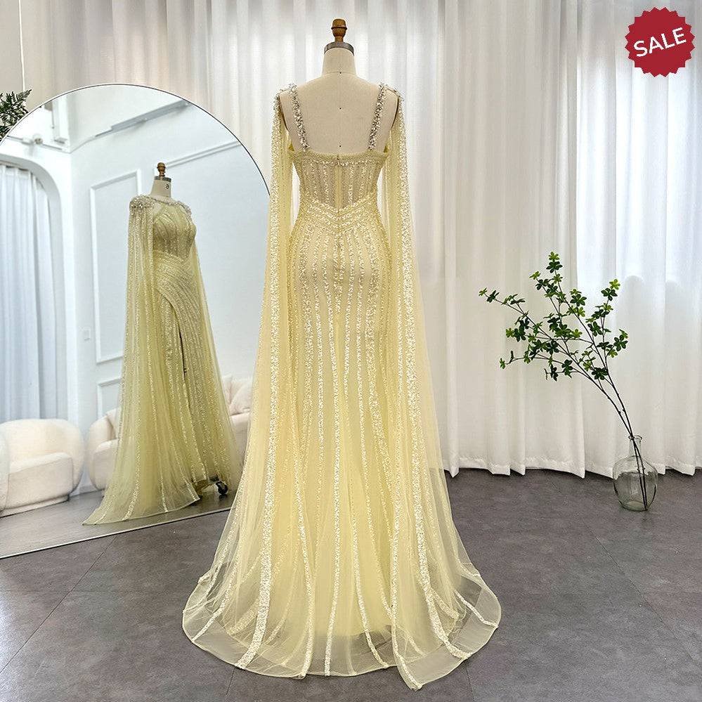 Luxury Crystal Dubai Yellow Evening Dress with Cape Sleeves 2023 Lilac Arabic Mermaid Women Wedding Party Gown SS203
