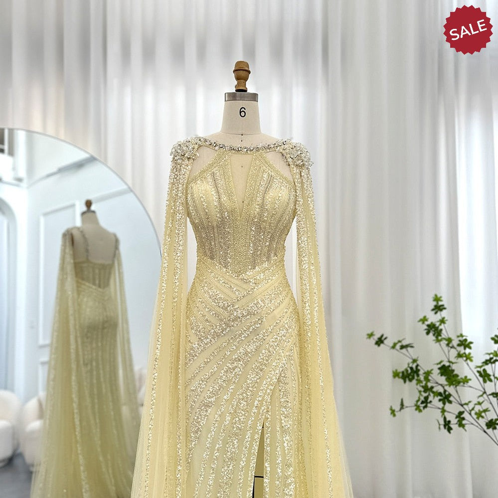 Luxury Crystal Dubai Yellow Evening Dress with Cape Sleeves 2023 Lilac Arabic Mermaid Women Wedding Party Gown SS203