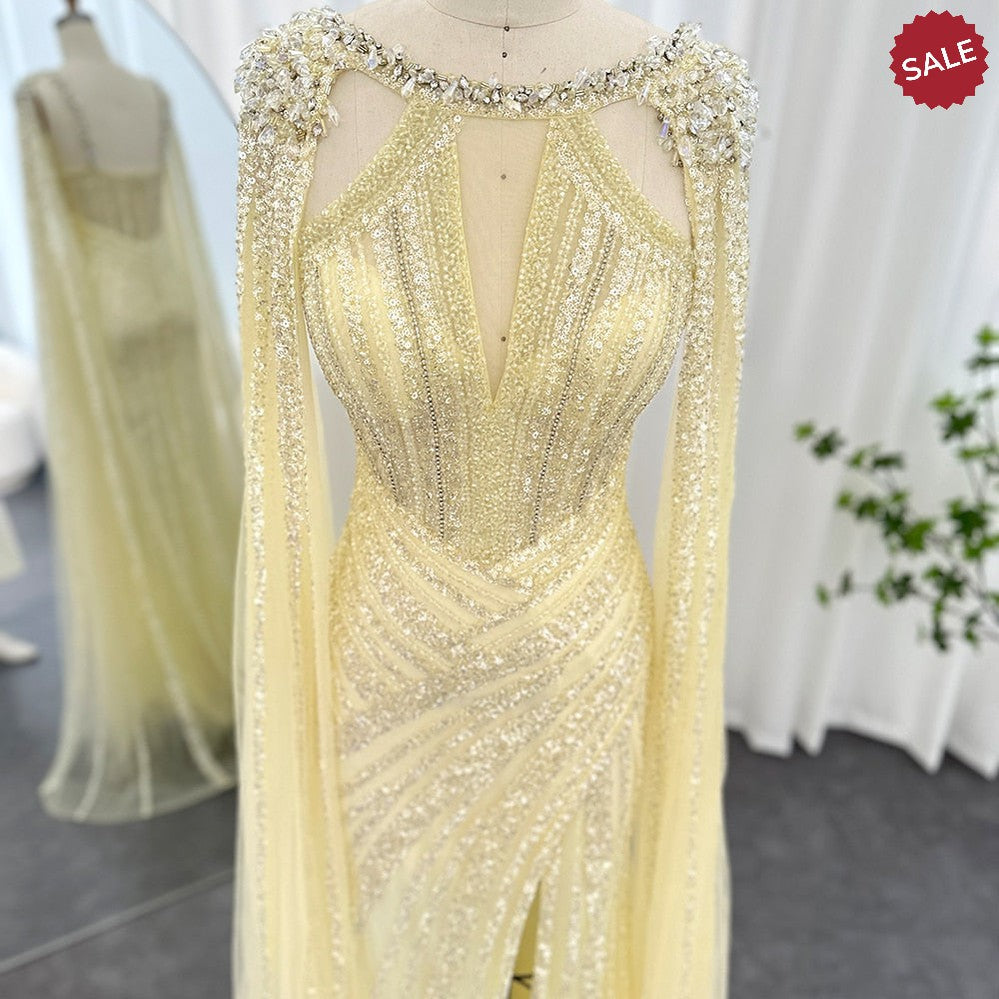 Luxury Crystal Dubai Yellow Evening Dress with Cape Sleeves 2023 Lilac Arabic Mermaid Women Wedding Party Gown SS203