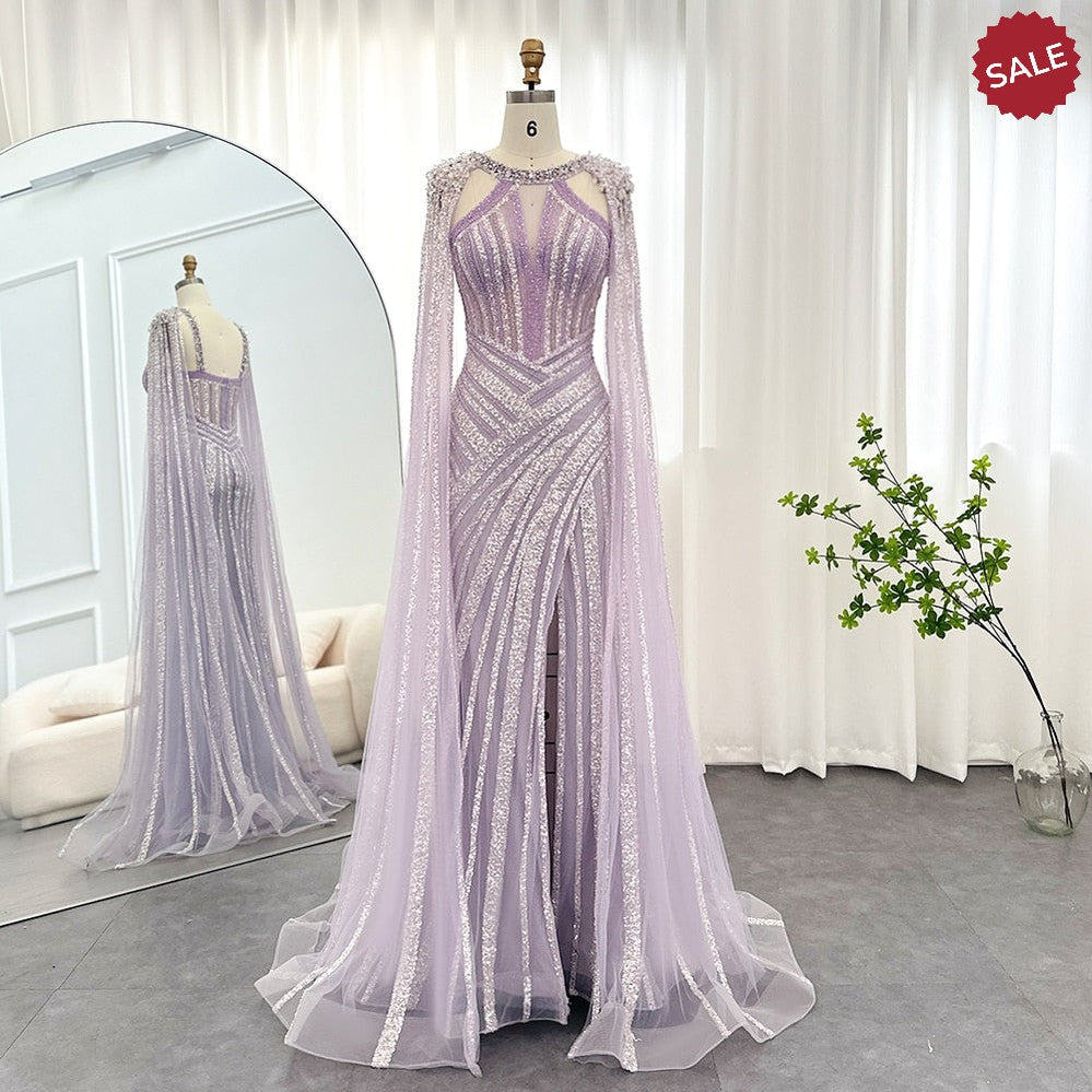 Luxury Crystal Dubai Yellow Evening Dress with Cape Sleeves 2023 Lilac Arabic Mermaid Women Wedding Party Gown SS203