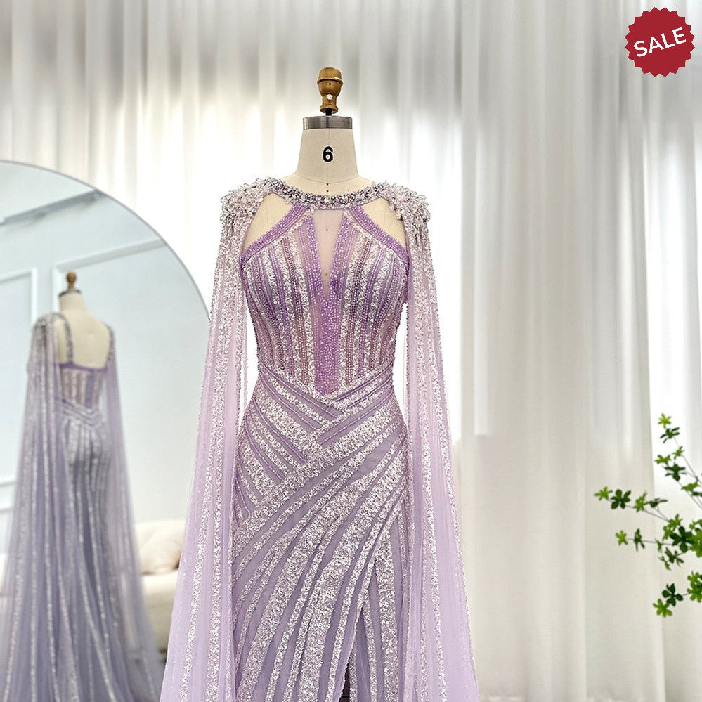 Luxury Crystal Dubai Yellow Evening Dress with Cape Sleeves 2023 Lilac Arabic Mermaid Women Wedding Party Gown SS203