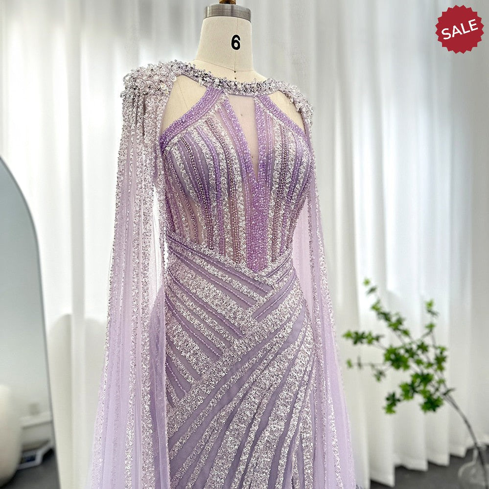 Luxury Crystal Dubai Yellow Evening Dress with Cape Sleeves 2023 Lilac Arabic Mermaid Women Wedding Party Gown SS203
