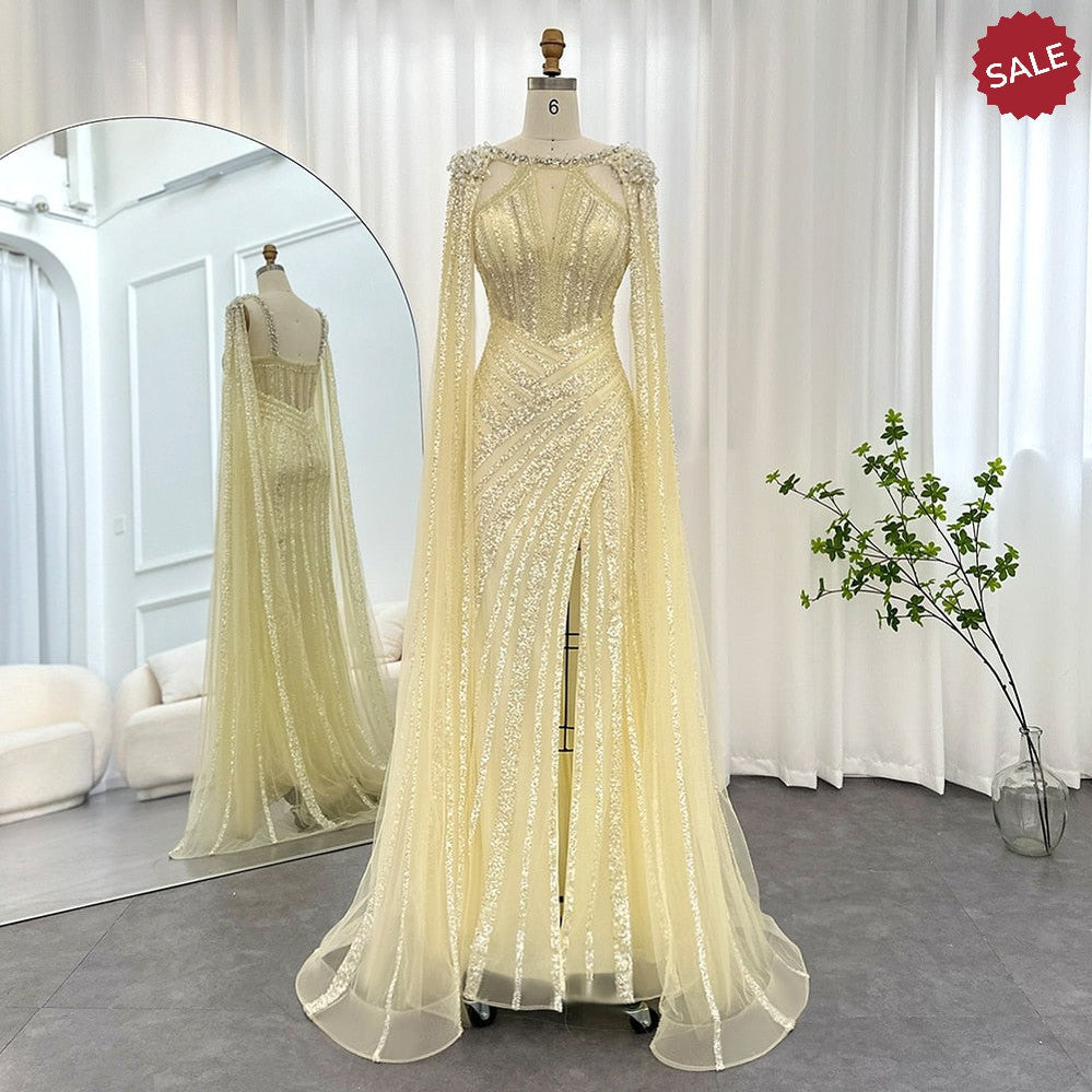Luxury Crystal Dubai Yellow Evening Dress with Cape Sleeves 2023 Lilac Arabic Mermaid Women Wedding Party Gown SS203