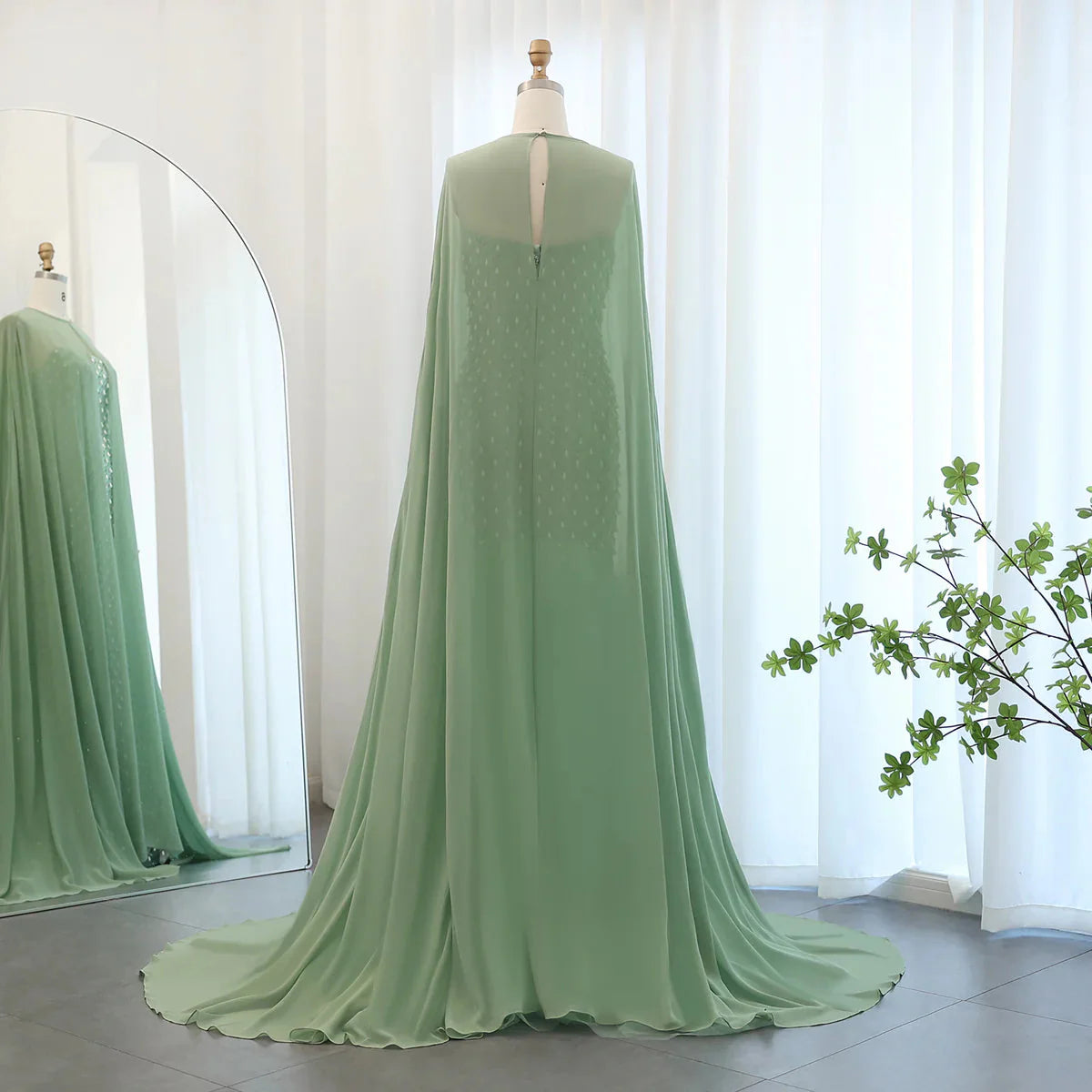 Luxury Crystal Pearls Mermaid Sage Green Evening Dress with Cape Arabic Dubai Elegant Women Wedding Party Gown SS431