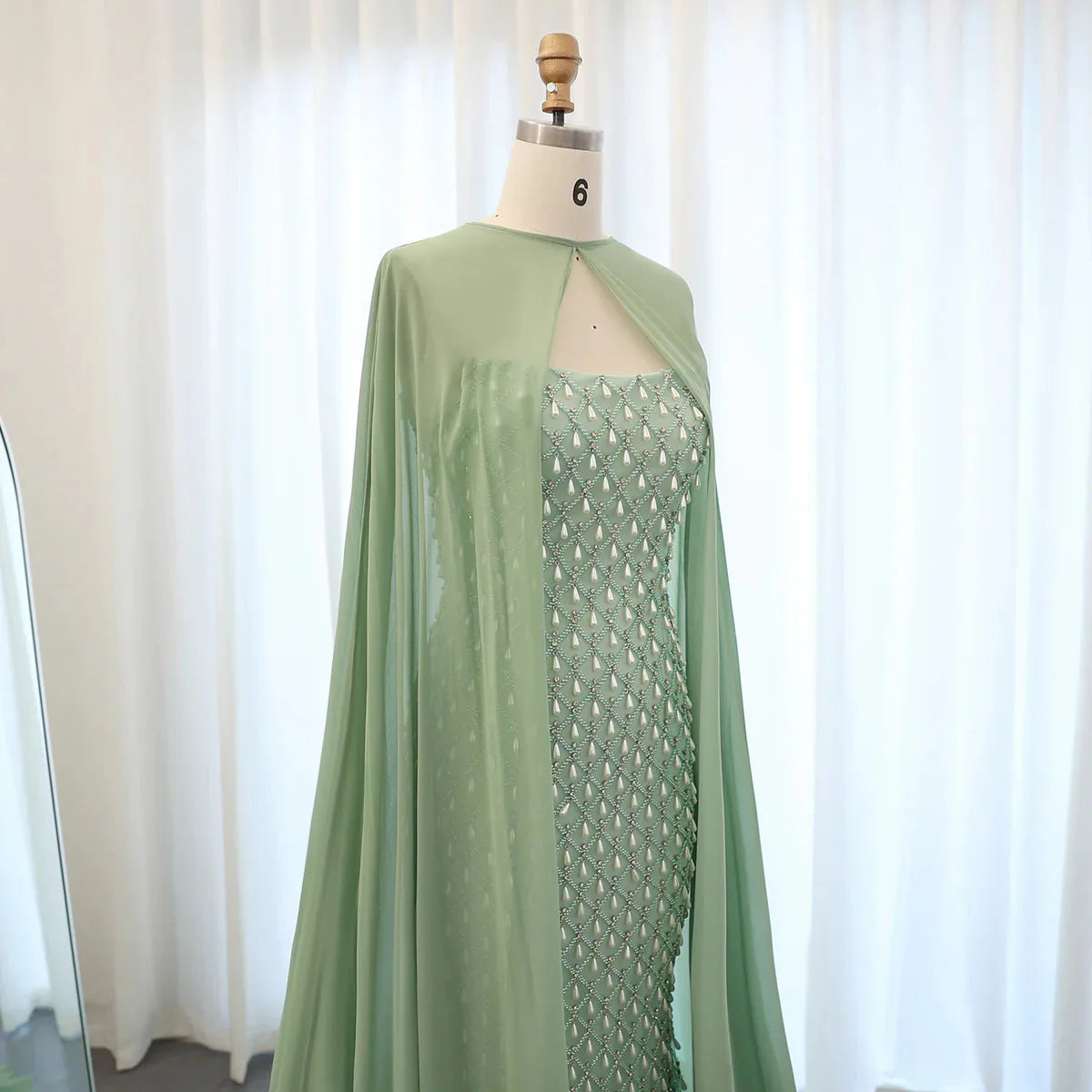 Luxury Crystal Pearls Mermaid Sage Green Evening Dress with Cape Arabic Dubai Elegant Women Wedding Party Gown SS431