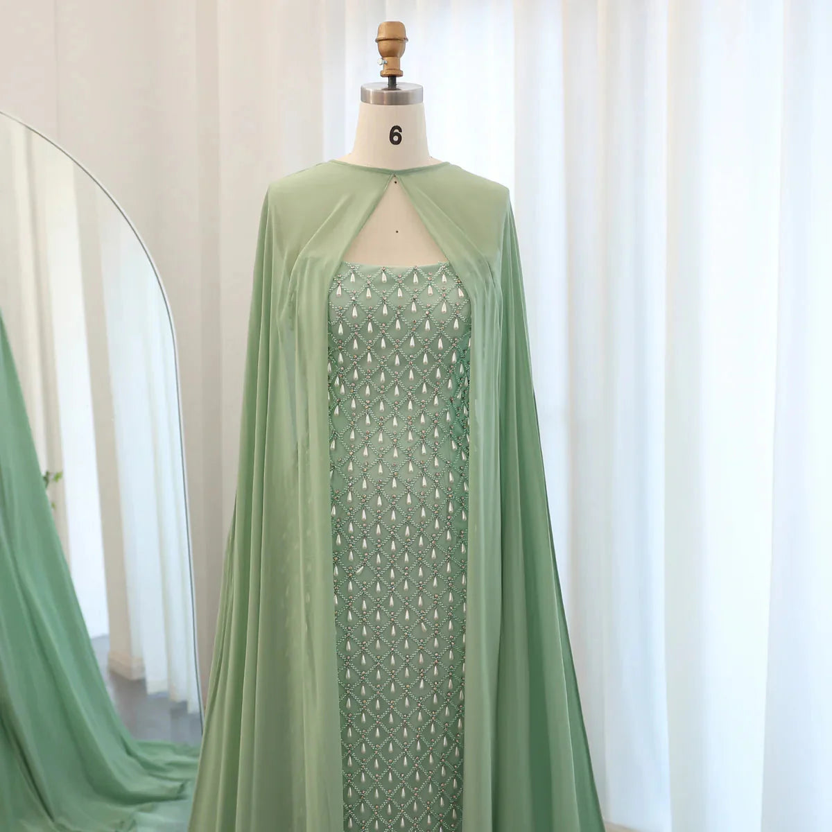 Luxury Crystal Pearls Mermaid Sage Green Evening Dress with Cape Arabic Dubai Elegant Women Wedding Party Gown SS431