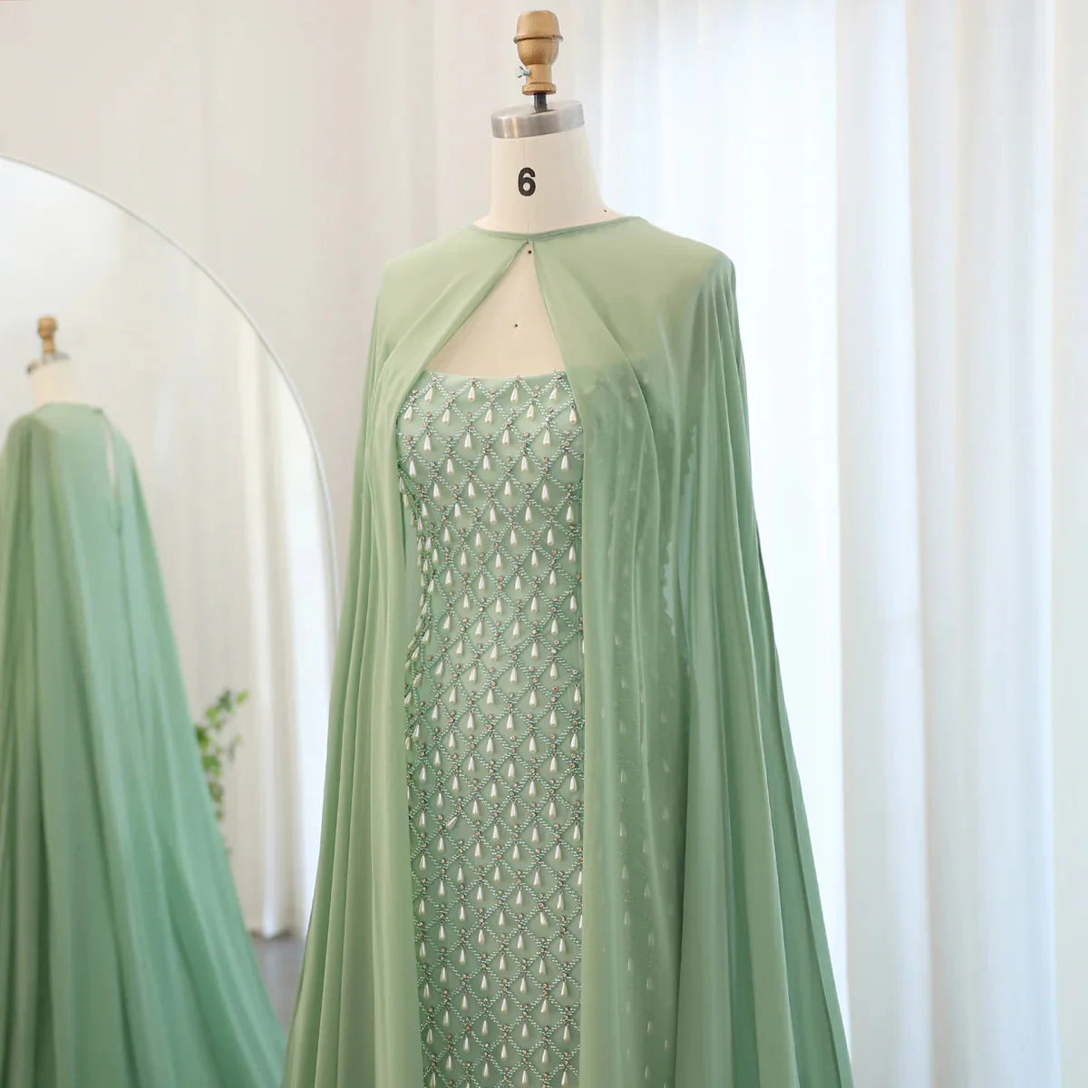 Luxury Crystal Pearls Mermaid Sage Green Evening Dress with Cape Arabic Dubai Elegant Women Wedding Party Gown SS431