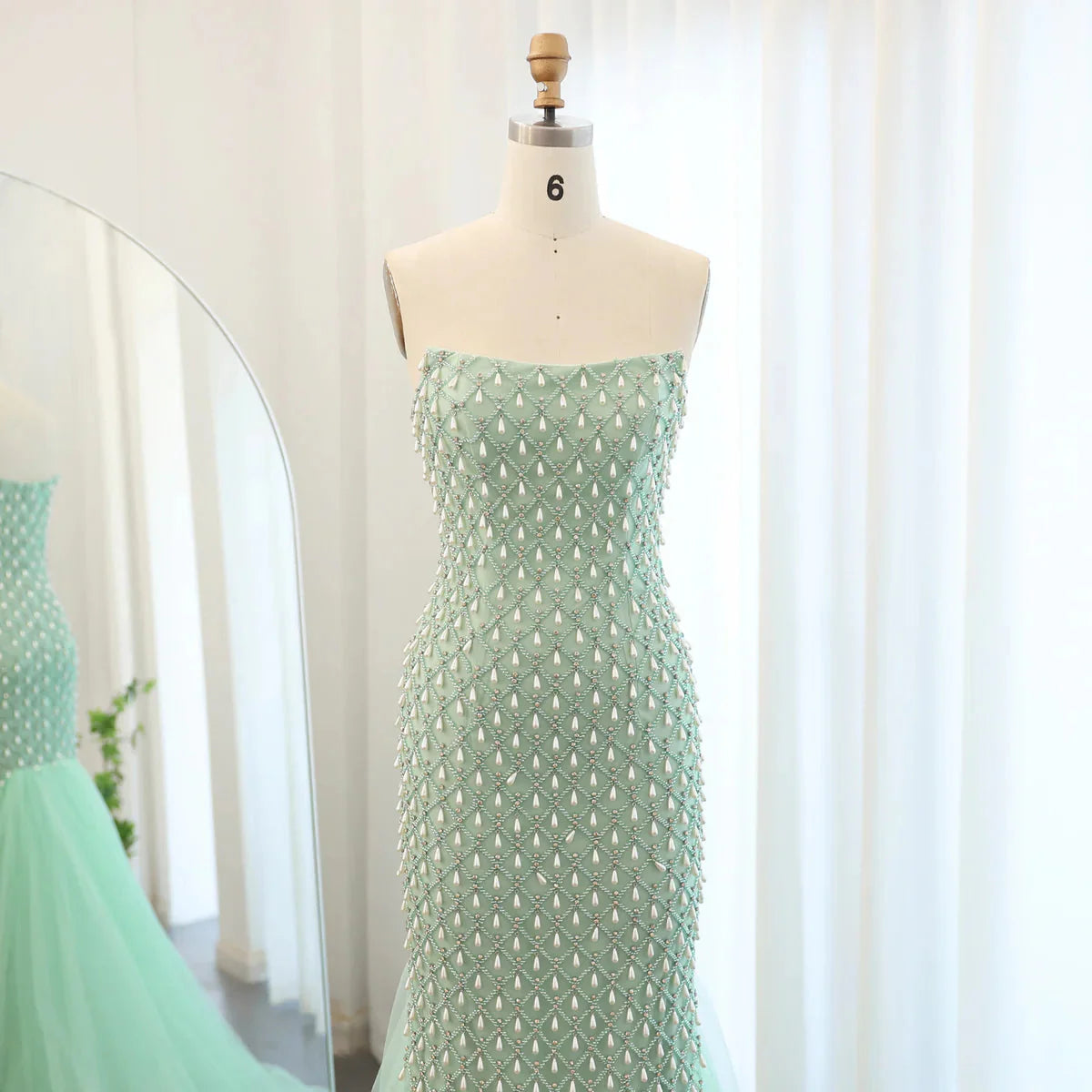 Luxury Crystal Pearls Mermaid Sage Green Evening Dress with Cape Arabic Dubai Elegant Women Wedding Party Gown SS431