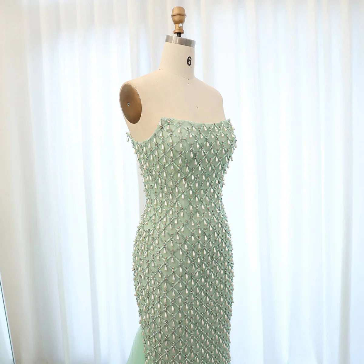 Luxury Crystal Pearls Mermaid Sage Green Evening Dress with Cape Arabic Dubai Elegant Women Wedding Party Gown SS431