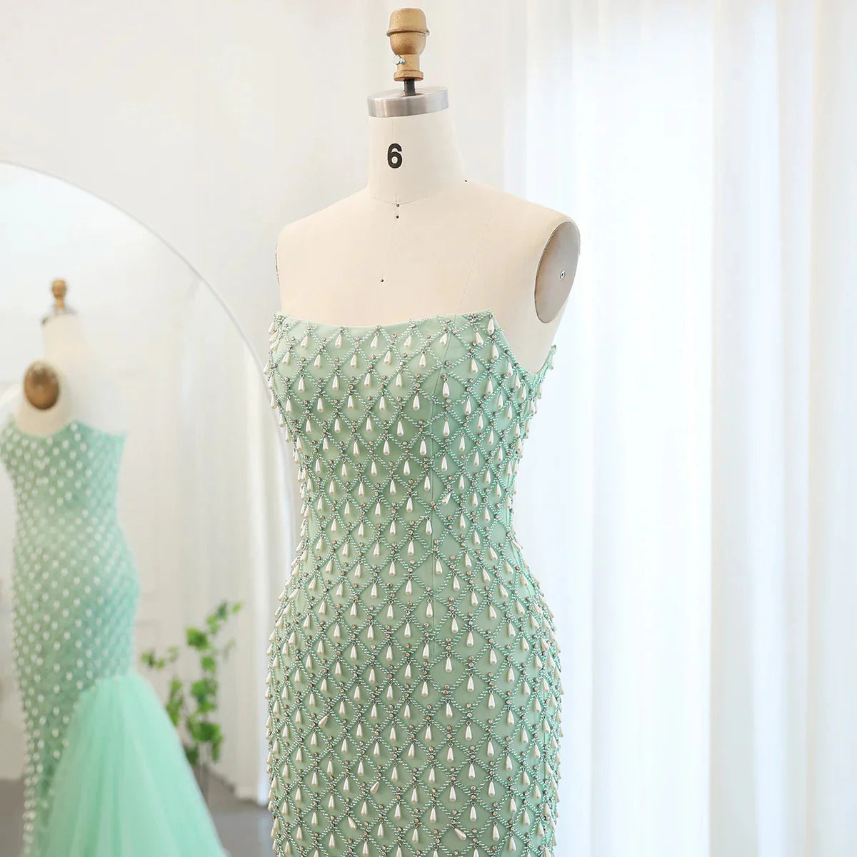 Luxury Crystal Pearls Mermaid Sage Green Evening Dress with Cape Arabic Dubai Elegant Women Wedding Party Gown SS431