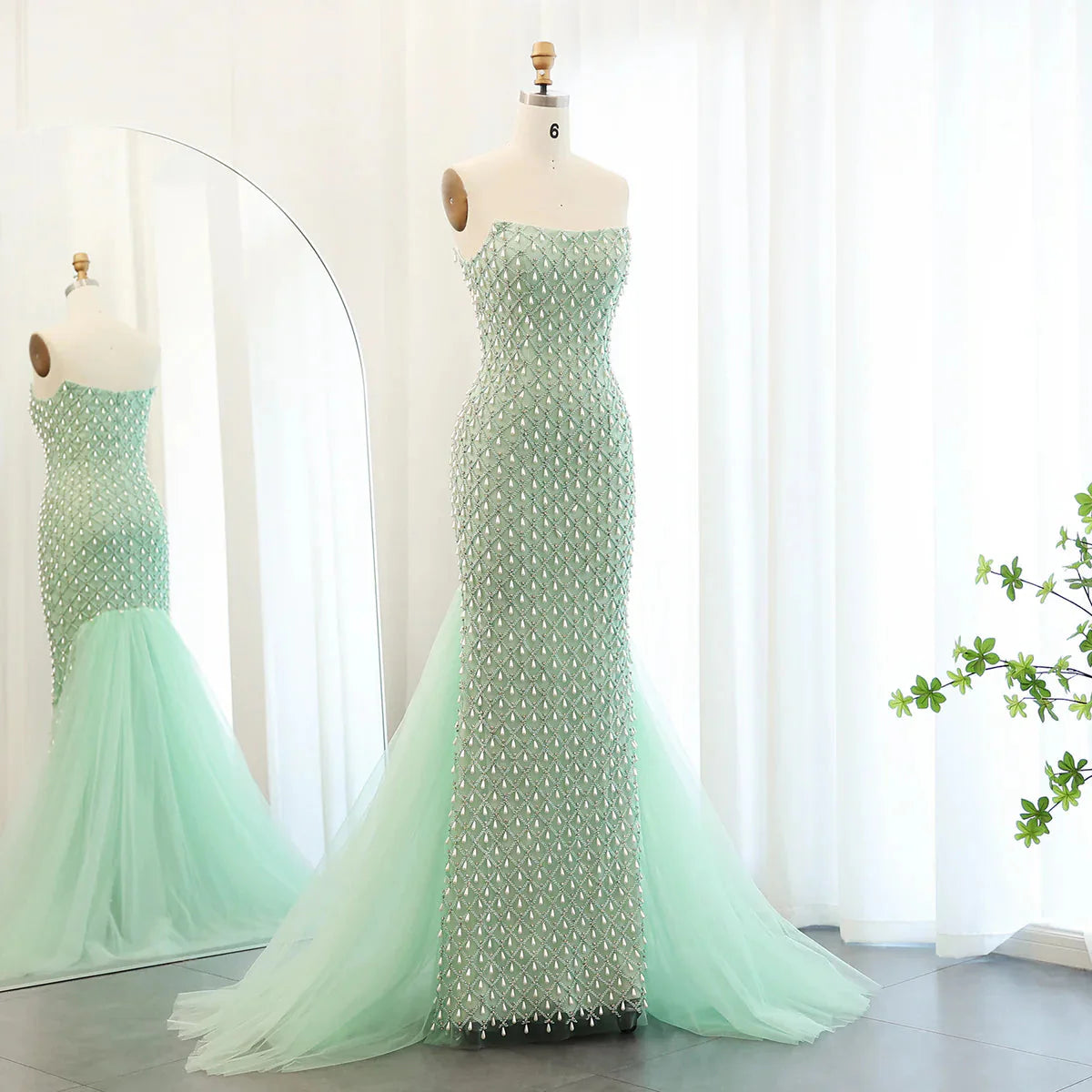 Luxury Crystal Pearls Mermaid Sage Green Evening Dress with Cape Arabic Dubai Elegant Women Wedding Party Gown SS431