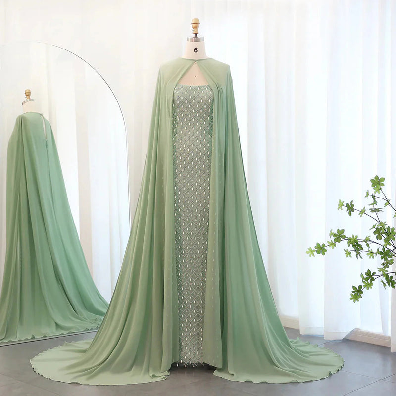 Luxury Crystal Pearls Mermaid Sage Green Evening Dress with Cape Arabic Dubai Elegant Women Wedding Party Gown SS431