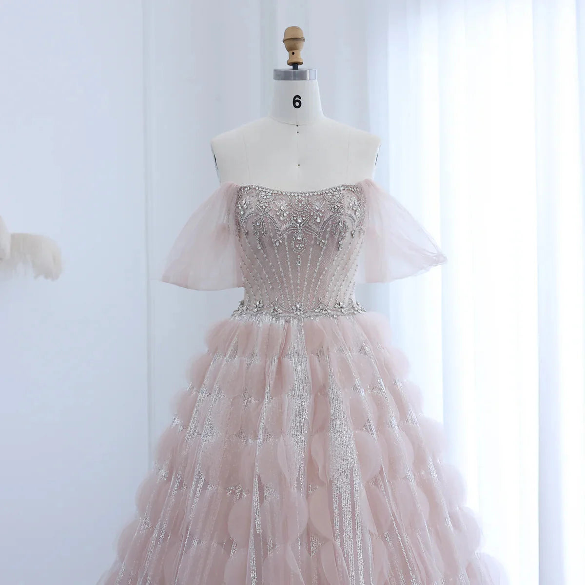 Luxury Crystal Princess Ball Gown Blush Pink Ruffles Evening Dress for Women Wedding Engament Party Dress SS533