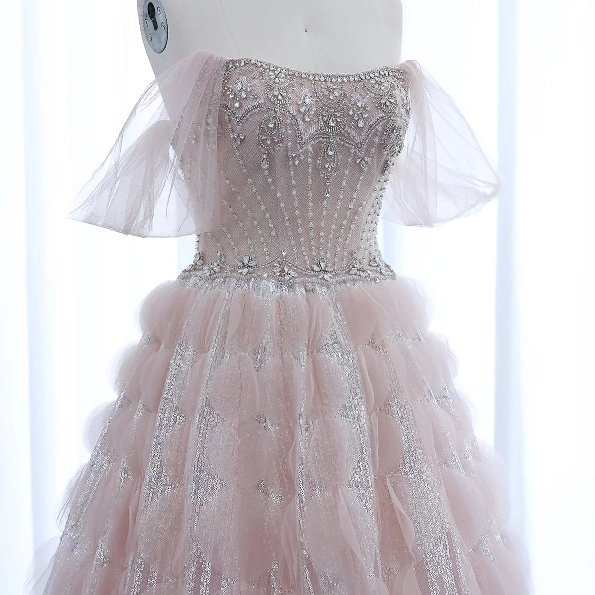 Luxury Crystal Princess Ball Gown Blush Pink Ruffles Evening Dress for Women Wedding Engament Party Dress SS533