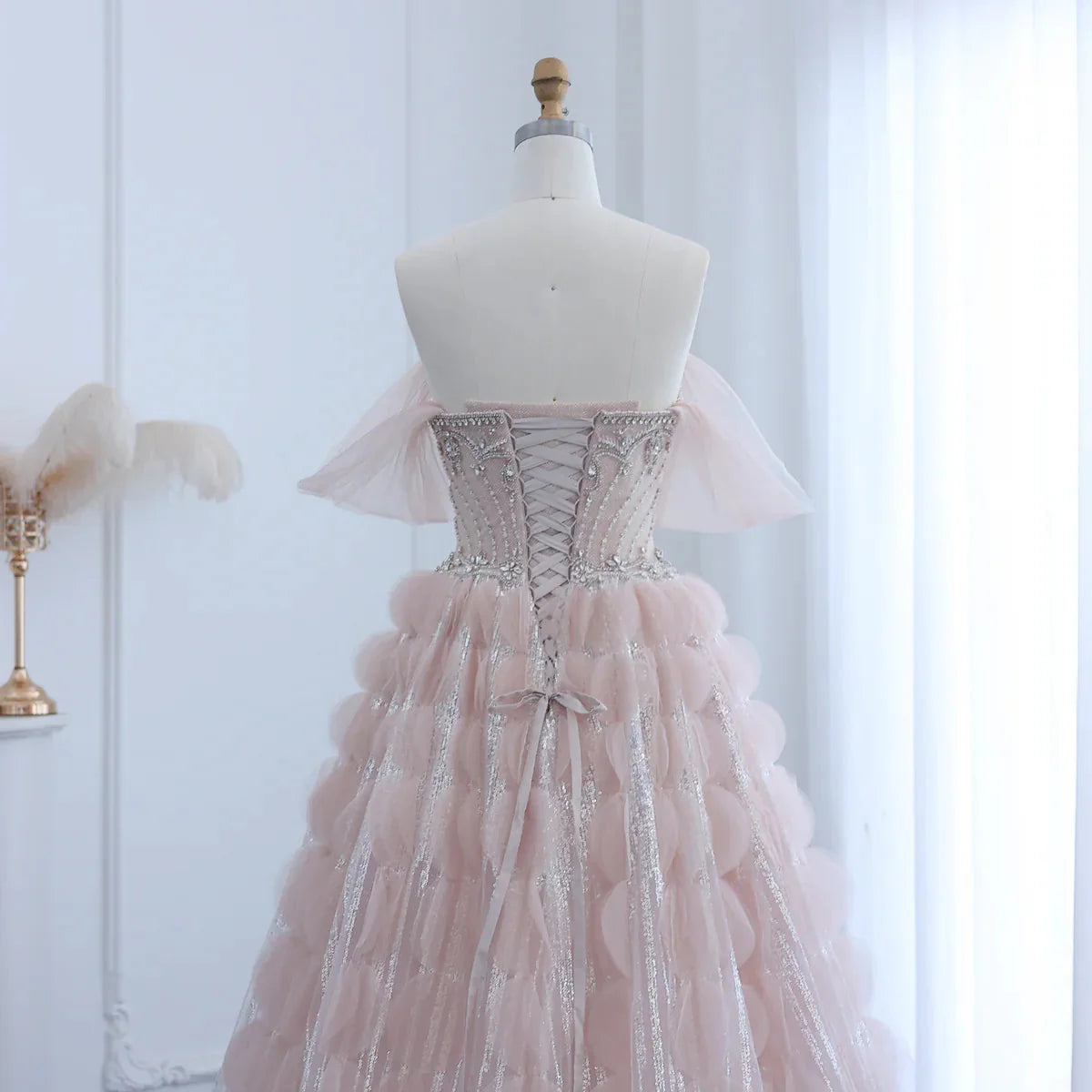 Luxury Crystal Princess Ball Gown Blush Pink Ruffles Evening Dress for Women Wedding Engament Party Dress SS533